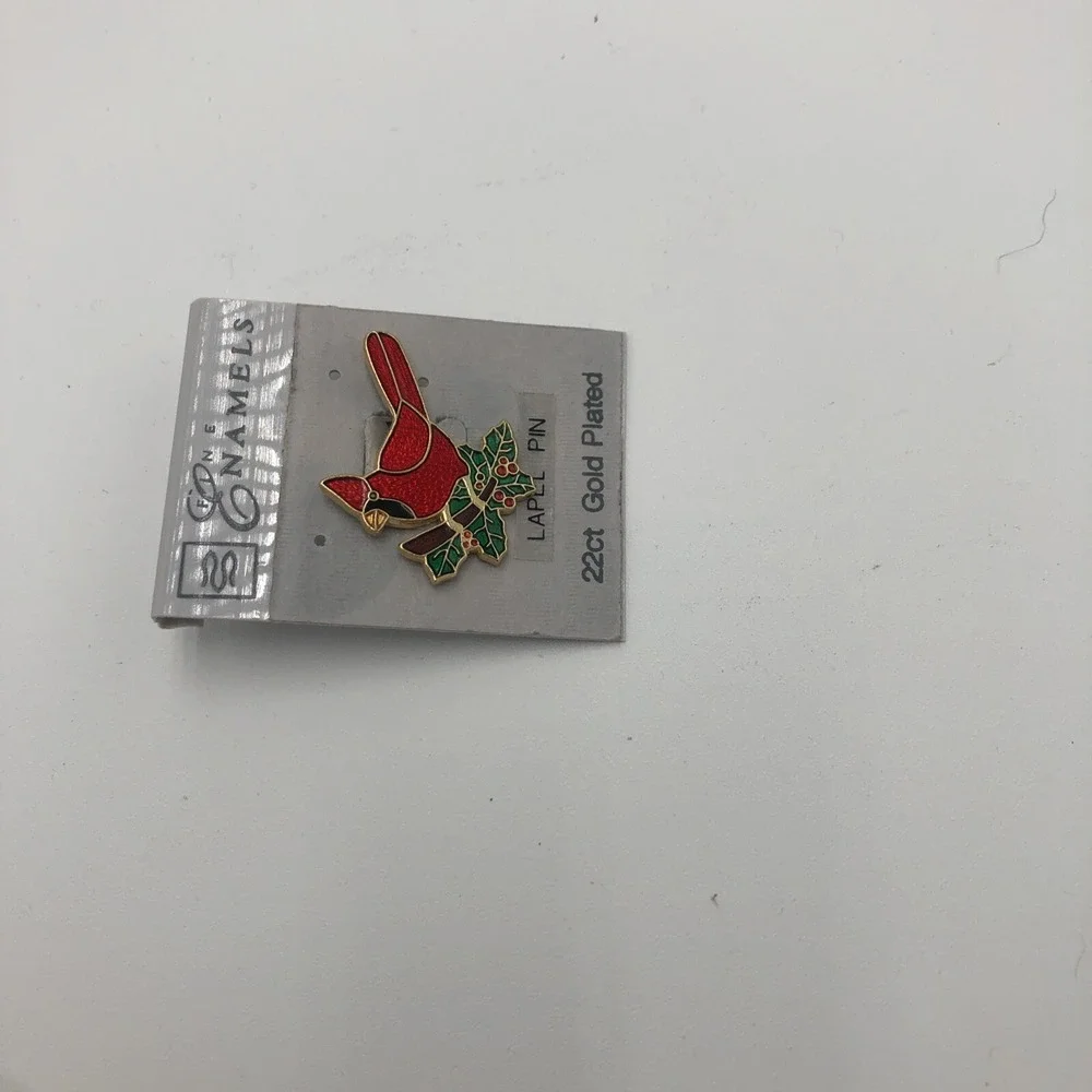 Cardinal Lapel Pin 22k Gold Plated New Enamels Red Bird Green Leaves‎